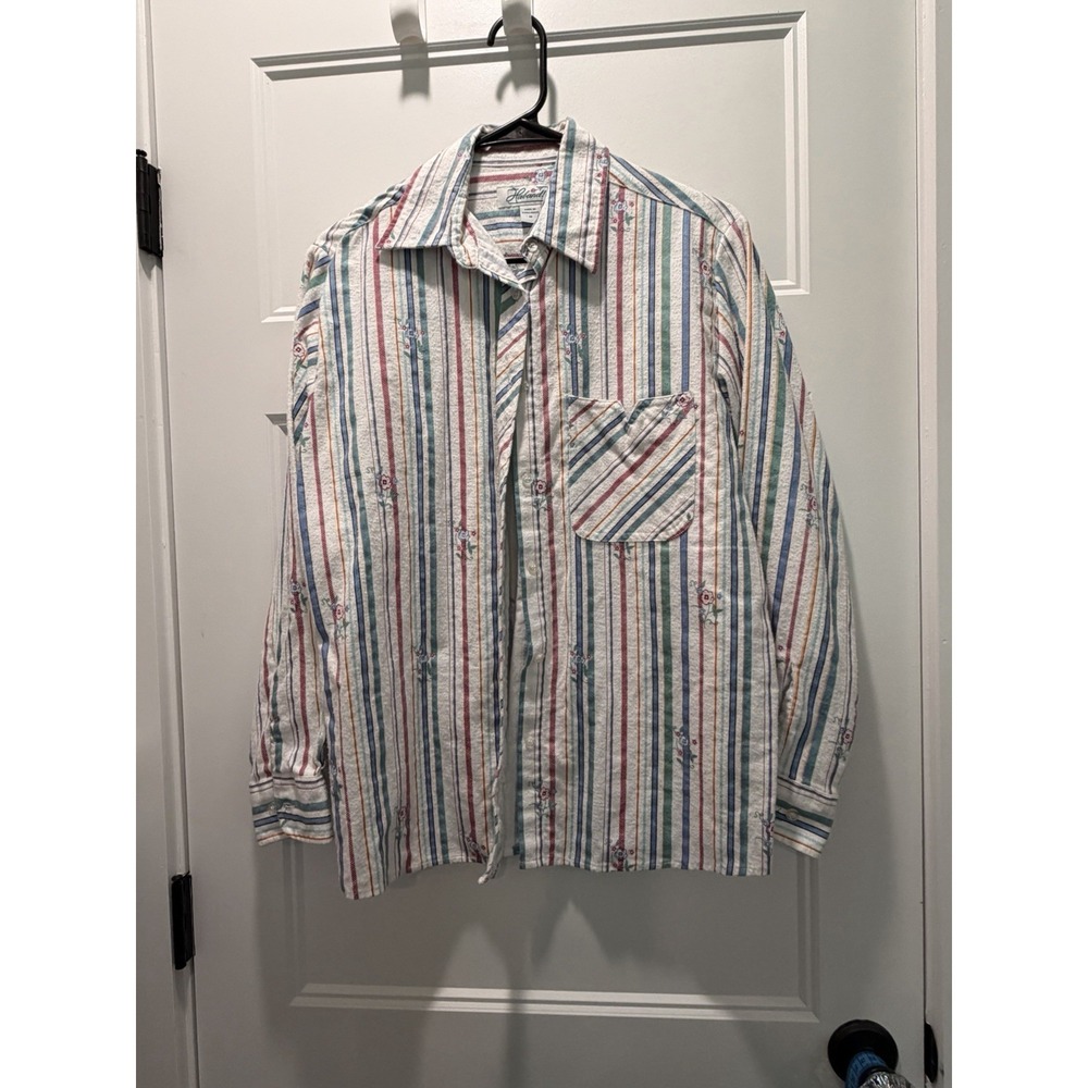 Haband Womens M Flannel Shirt White Stripe Floral Cottagecore Long Sleeve M